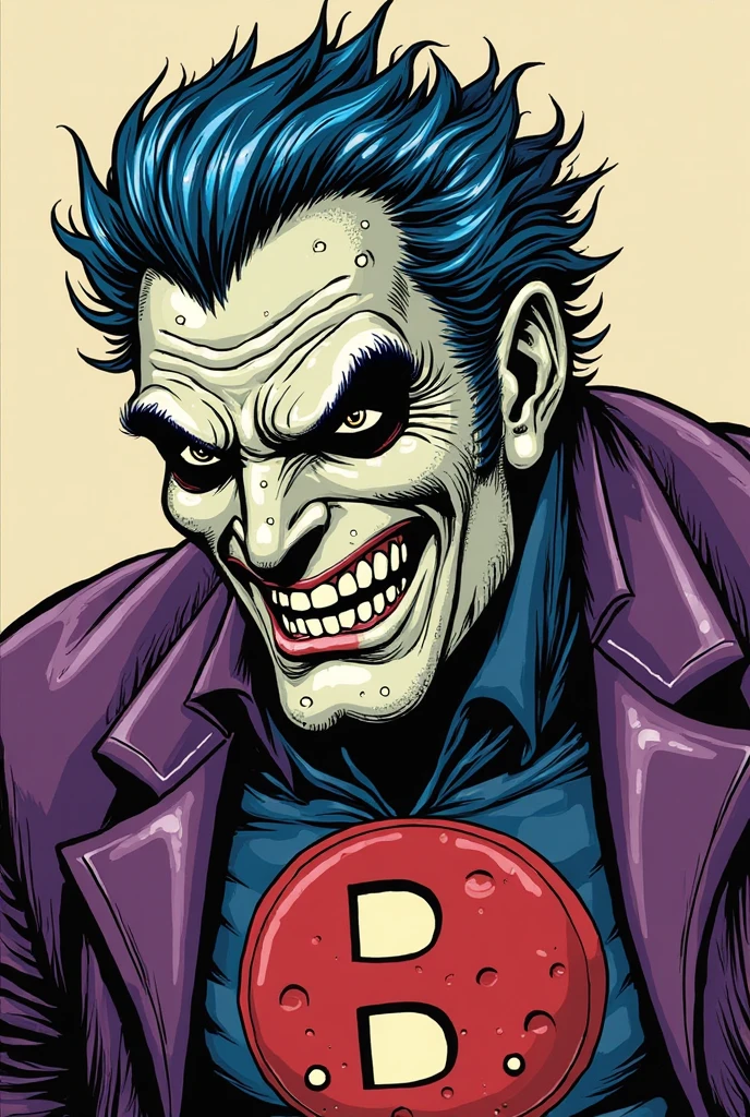 Old style marvel comic book cover ,with a character with clothes deadpool jumpsuit joker jacket face with clown makeup white hair, with title of "vingator"