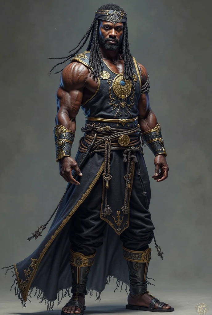 "Create a stunning, high-resolution, photorealistic artwork of a muloto, dark copper skinned, rastafarian man with a long beard, and a long crook blade staff enfluenced by shepherds crook staff in his hand that is longer than his body, dreadlock hair, dravidian rastafarian half breed, cryptoShepherd as barbarian, conan, picture of an adult male warrior, male warrior, egyptian samuri warrior, male barbarian, barbarian warrior, barbarian, tarzan, hybrid from dynasty warriror, barbarian class, cloaked upper body, ancient crook staff in hand, "In the annals of time, a muloto dravidian egyptian samuri dreadlocked warrior of immense strength stands out, draped in ornate platinum, silver and gold attire, illuminated blue diamond belt jewel centered, that reflects his status as a true champion. Describe his untamed, wet appearance after a fierce clash, his wild long hair, his unmistakably furious expression, and the aura of heroism that surrounds his commanding stance."trend at CGSociety, Intricate, High Detail, Sharp Focus, Dramatic and Photorealistic Painting Art by Midjourney and Greg Rutkowski as he shepherds the lost, legs revealed from thighs to feet, cascading long dreadlocks influenced by Thomas Sackmann of artstation, Ripped hero, intricate muscular details, photorealistic artwork, 4K resolution ,with brown eyes, only the righ eye has the gleam, fierce pirate's eyes, focusing on the right eye that gleams like a mystical star. Capture intricate details and make it a trending masterpiece on ArtStation!
