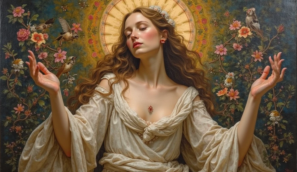 Nude blonde woman looking up at the ceiling。art nouveau background。
