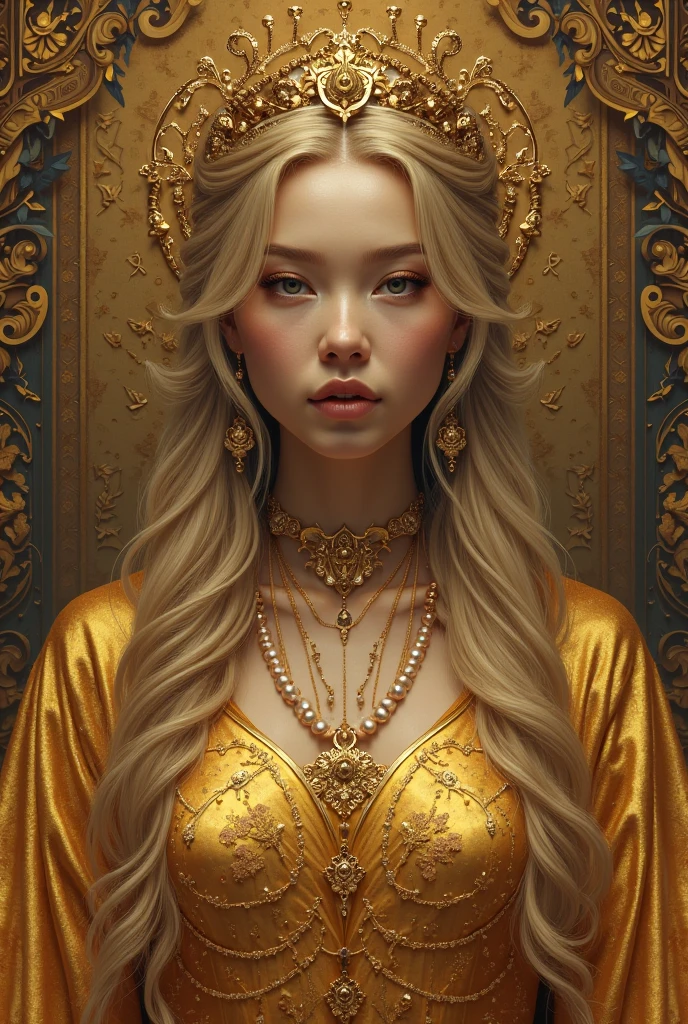 A captivating portrait of a blonde beauty, her dynamic character radiating from her exquisite face, rendered in bold, high-contrast strokes reminiscent of Gustav Klimt's golden opulence. She gazes directly at the viewer with an air of confidence and allure, her intricate features adorned with swirling motifs of vibrant colors, as if woven together like a patchwork tapestry. Amidst this kaleidoscope of color and light, delicate gold patterns shimmer, evoking the masterful brushstrokes of Mucha and Caravaggio. The overall effect is one of artistry and visual drama, as if the subject herself has stepped forth from the canvas to command attention, her presence amplified by the art-booster's energizing aura.