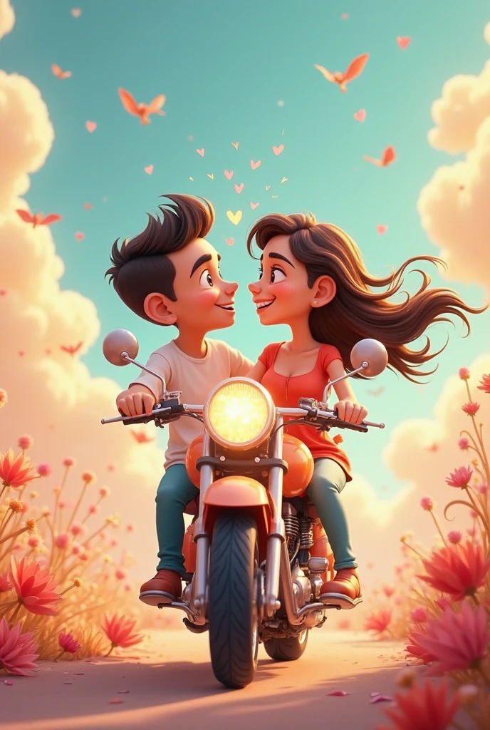 A boy and a girl are sitting on the bike called NS 200He conveys his love to herThere should be a love in the middle and then the picture
A long shot
