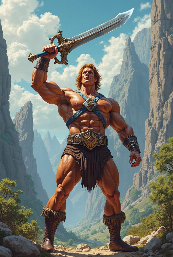 1man, tall muscular man, caucasian, tanned skin, bodybuilder, long red hair, blue eyes, wearing belt, wearing loincloth, wearing jeweled leather harness for weapons, bare legs, bare chested, shirtless, wearing tall sandals, with intricate amulet, on high ground, action stance, orange sky, two moons, rust colored desert, ruined stone city towers in the distance, "sword and planet" style art, bokeh, raytracing, realistic textured skin, particle effects, depth of field