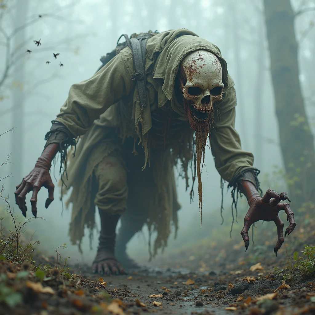 Ugly girl, whole body, horror, broken, curved, sky, fog, smoke, dark forest, shadowcreature, This is Junji, masterpiece, super high resolution, high quality, cinema lighting, 16K, Computer graphics from films, grainy, Suffocating,