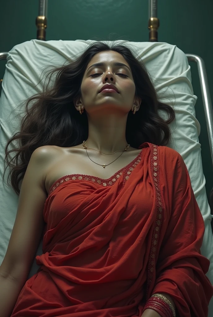 A girl in safron saree dead body in the morgue bed  full body laying displayed eyes closed mouth opened maroon lips