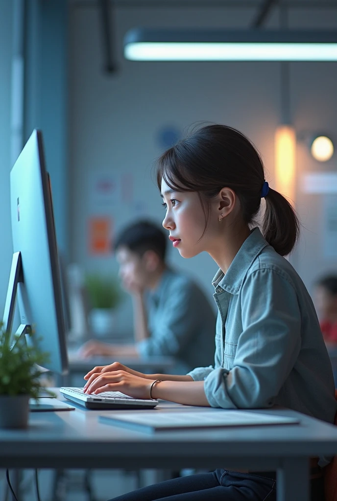 a cute office lady is programming, typing keyboard, watch PC screen, pony tail