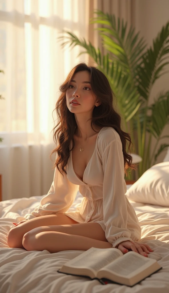 (photorealism:1.2), portrait of lisa blackpink, beautiful woman, korean young girl, sitting on bed, wearing loose off-shoulder top, pajama pants, long curly hair, indoors, soft lighting, plants in background, window with sunlight, cozy room, relaxed pose, realistic, intricate details, warm colors, by Greg Rutkowski, by Alphonse Mucha