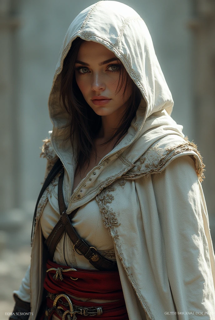 (best quality,4k,8k,highres,masterpiece:1.2)female,captivating eyes,pouty lips,seductive expression,expressive face,flowing vibrant hair,colored hair,2color hair,colored skin,random perfectly body,full body, random flirtatious pose,looking directly into the camera,showing confidence,she is wearing sexy outfit, ((assassin creed outfit)), white and red outfit