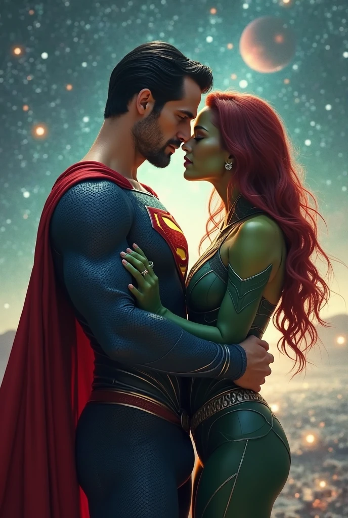 One man one woman, アニメ, poison ivy, Superman, Tall woman, Alluring woman, Big-breasted woman, Long red-haired woman, beautiful woman, Blue-eyed woman with red lipstick, Woman wearing a green strapless bodysuit, Woman wearing green stockings, woman kissing man, handsome man, Tall guy., Muscular man, Black-haired man, Blue-eyed man, Man wearing a blue bodysuit, Man wearing a red cloak, S symbol on man's bodysuit, The man feels bad, Woman feeling good, Woman pressing her breasts against man's chest, Woman smiling while kissing, Man feeling hopeless, Man hugging woman's waist, Woman placing her right hand on the back of man's head, Woman placing her left hand on man's chest, Pink perfume mist floats in the air., night sky