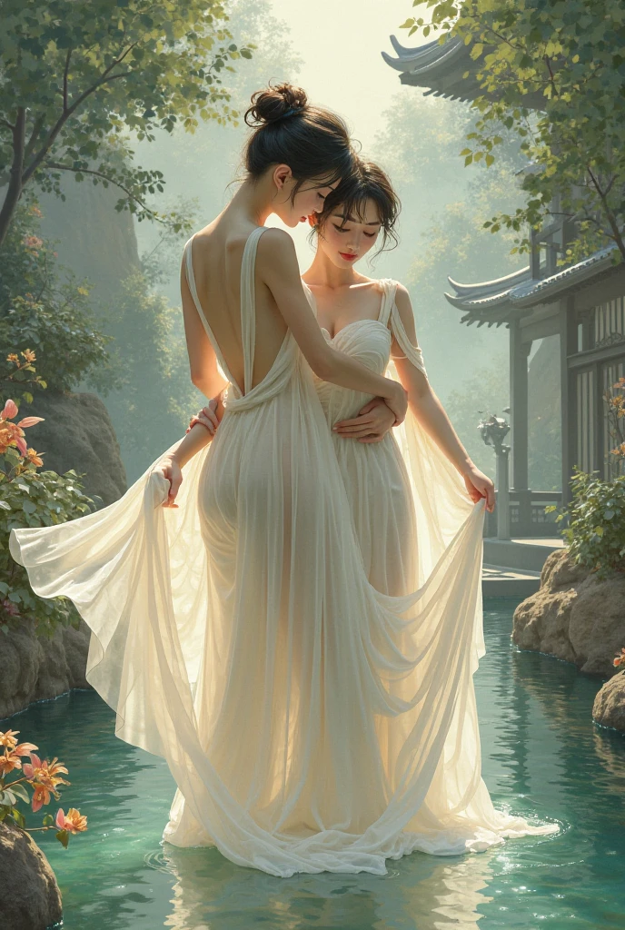 (5 greeks male ,(female kneeling posture),( female lying down posture), (female tath a bath), (female bath), (female bath)), glass, fantasy art, symmetrical epic fantasy art, award winning fantasy art, ((obesity: 0.0)),(No socks)),((No shoes)))),((Dynamic posture)), (Full body), (Greek feet),((Delicate and small toes, perfect toes))), (Camel toes),((Correct anatomy)),((Correct dissection))),(((the world of clouds and mist))), (the clothes are painted with ink landscape paintings)))), slender body, , Perfect slim body ((masterpiece)), (detailed), alluring succubus, ethereal beauty, perched on a cloud, (fantasy illustration:1.3), enchanting gaze, captivating pose, mystical sky, soft colors, (detailed cloudscape:1.3), (high-resolution:1.2), (best quality), (best quality), HDR, artistic, Soft color palette, windblown flowers, Sparkle, magical photography, Soft smooth lighting, Light background,