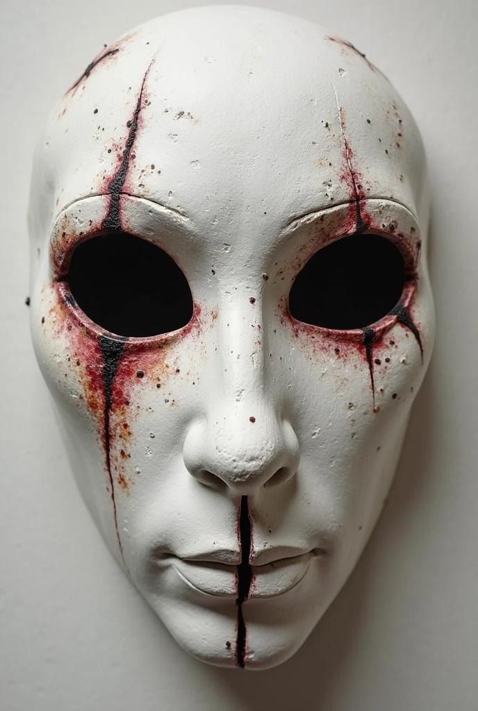 Just a white faceless theatrical mask stained with blood, on top of a black wooden table.