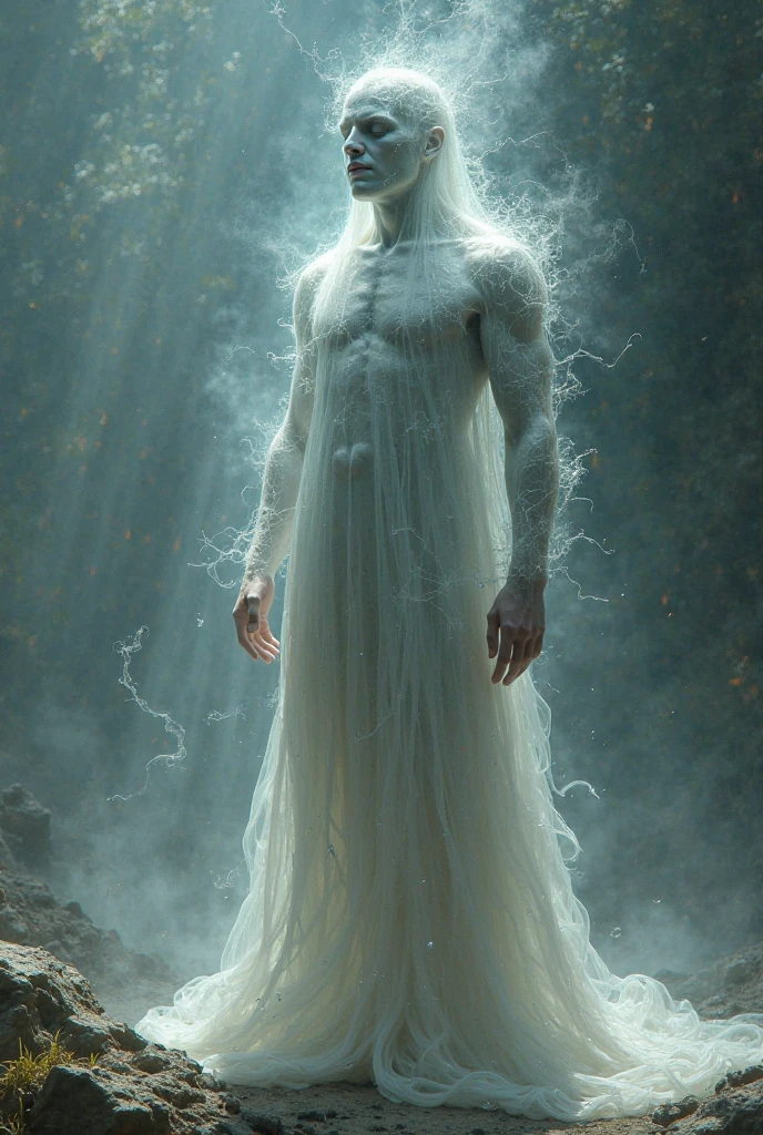 A person white from head to toe, as if they had thrown paint on it, and a background of the universe