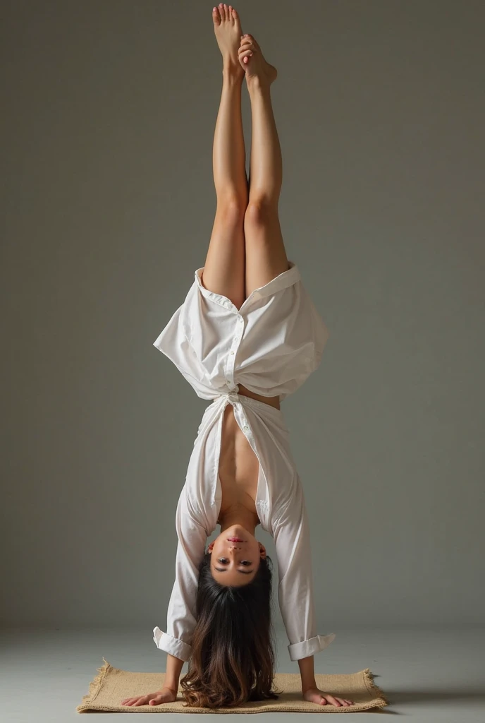 generate an image of a woman doing a yoga pose, she is lying on the floor, with her legs raised, the legs and buttocks are against the wall and the back, arms and head are against the floor