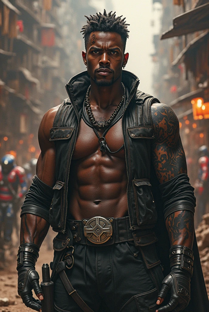 tall young black man, shirtless and scarred, using a katana with a robotic arm 