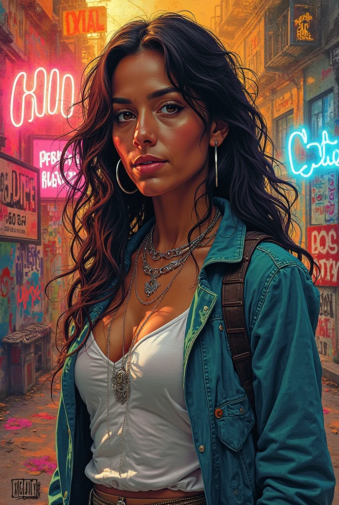 Pintura de una mujer CON ROSTRO DE ASOMBRO  una ciudad cyberpunk, tes blanca cabello ondulado ?????, europea,  Martin Ansin Arte Retrato, Martin entonces, adam hughes, James Gurney estilo de pintura, Full color illustration, por Mark Brooks, beautiful comic art, Mike Deodato Jr., by José Comas Quesada, Al estilo de Cory Loftis, por Jorge Jacinto, inspirado por F. Scott Hess