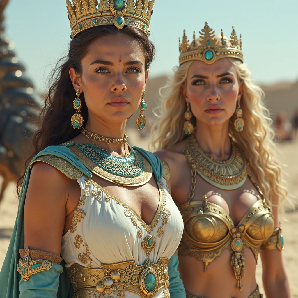 Cleopatra and Marc Antony plotting together, surrounded by symbols of their combined power. Shadowy figures in the background hint at the looming threat from Octavianus.