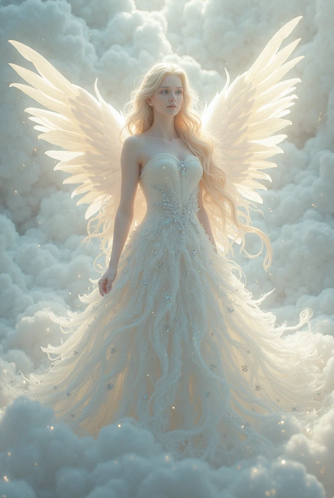 The Goddess, Queen of the angels. She's wearing crown with a long blonde hair. She doesn't look at the camera. She's wear a white beautiful long dress.