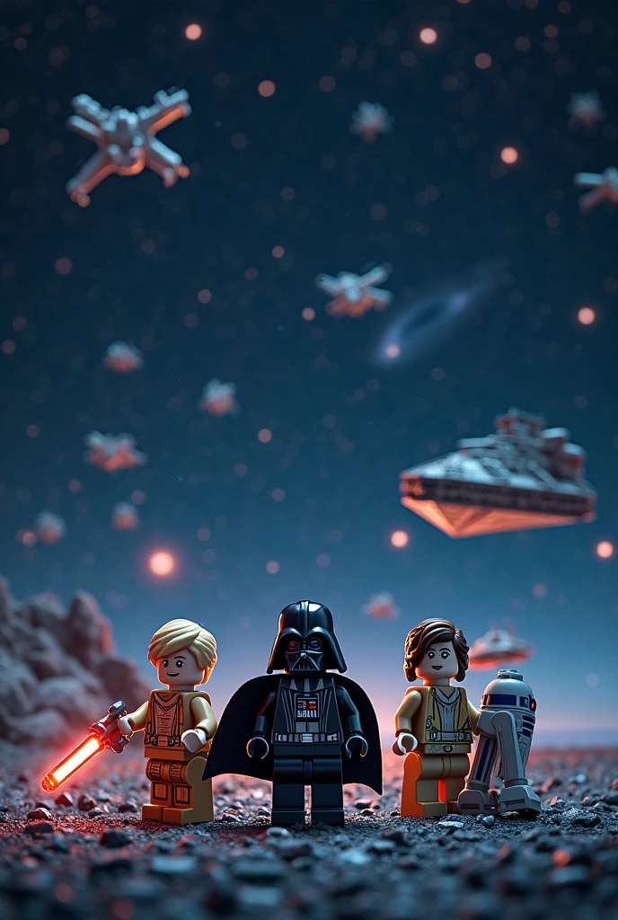 cartoon style child darth vader with lit lightsaber with spaceships in the sky