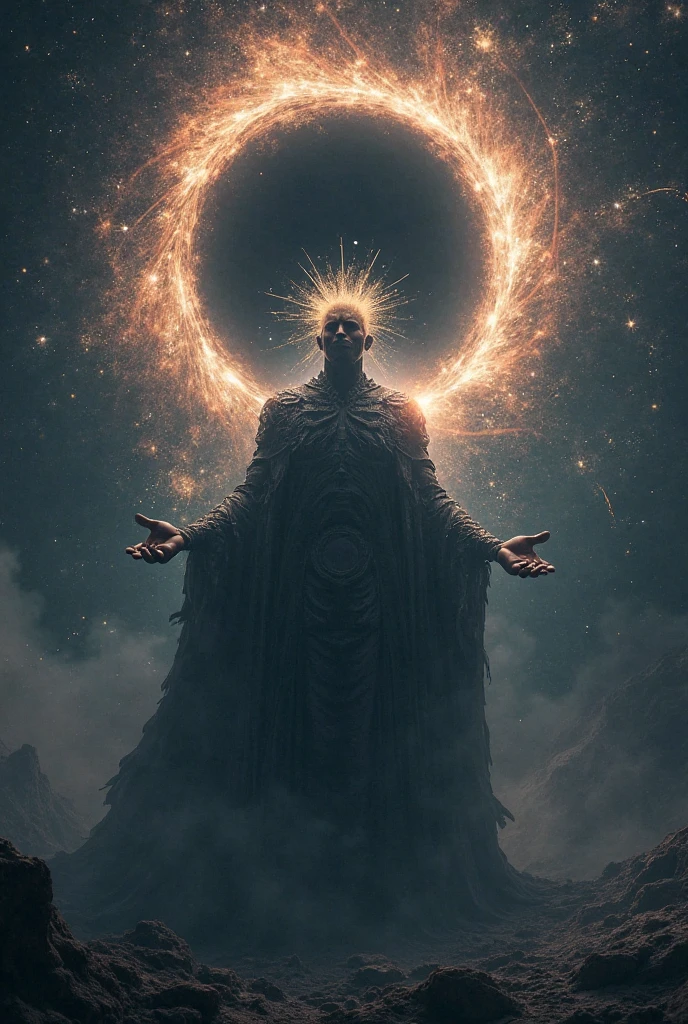(radagon),dorado,Create a highly detailed and atmospheric digital painting of a cosmic dark entity meditating in a lotus position on the surface of a barren planet. The entity has a shadowy, featureless face and a muscular humanoid body covered in dark organic tendrils that appear to flow and twist around it.. A bright red crystal is embedded in his chest, pulsating with dark energy. Above the head of the entity, A spinning purple and black cosmic vortex with a glowing mystical orb at its center radiates power, Shedding an ethereal light. The background features a vast star-filled galaxy with purple nebulas and distant cosmic phenomena., creating a sense of infinite space and power. The lighting is dark and sinister, and the main sources of light are the glowing red crystal and the mystical orb. The overall color palette is dominated by deep purples., black and touches of red, evoking a sense of cosmic mystery and power.