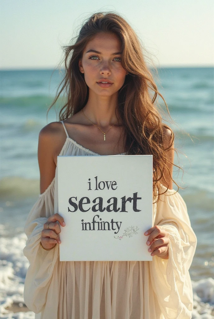 Beautiful girl with wavy long hair, bohemian dress, holding a white board with text "I Love Seaart Infinity" and showing it to the viewer