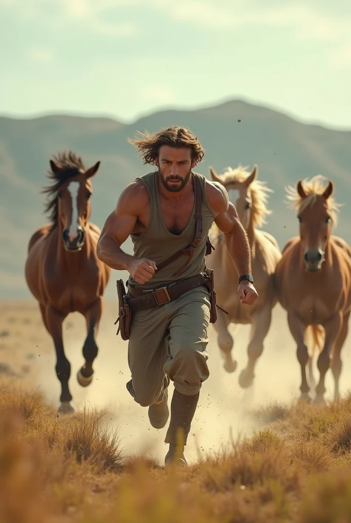 Two handsome beautiful slim shirtless man in the desert many horse running behind him 