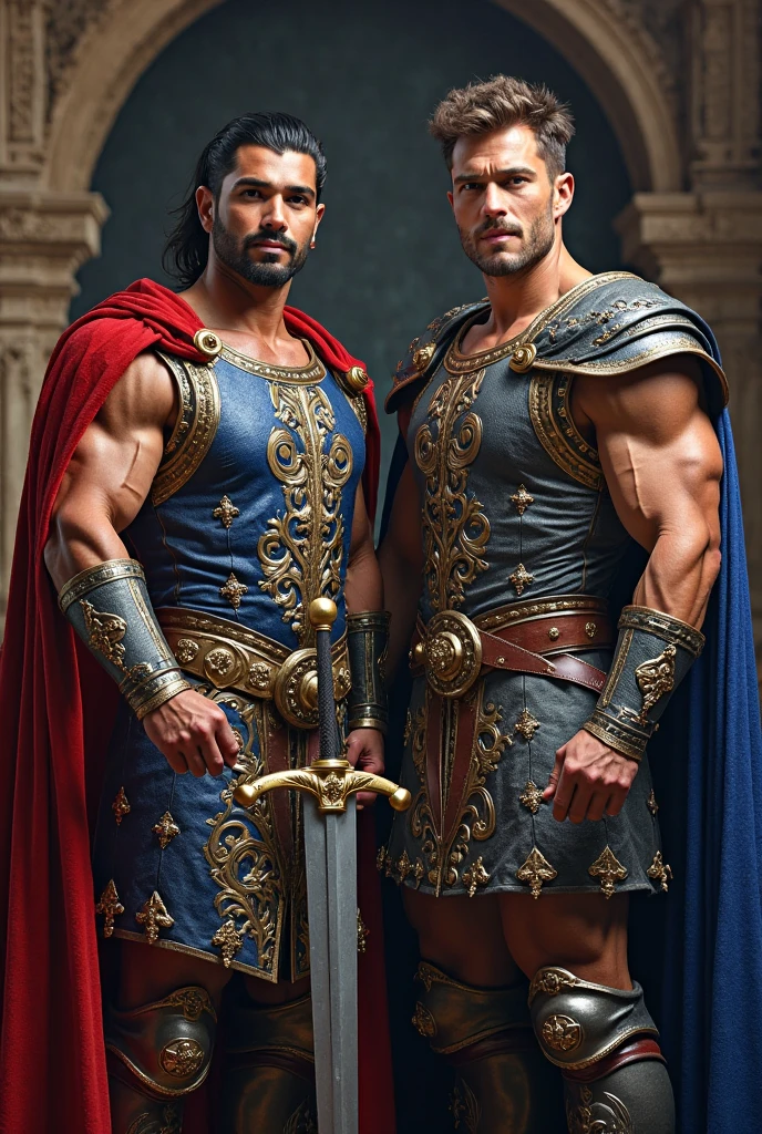 two men in costumes standing next to each other in front of ancient Aztec ruins, gay, wearing loincloth, 2 muscular attractive men, loincloth, cute boys, muscular men entwined together, bussiere and roberto ferri, muscular men, two handsome men, homoerotic!!, very very roberto ferri, shirtless, twink, lightly hairy legs, tan legs, wearing multiple silver anklets on their ankles, relaxed standing pose