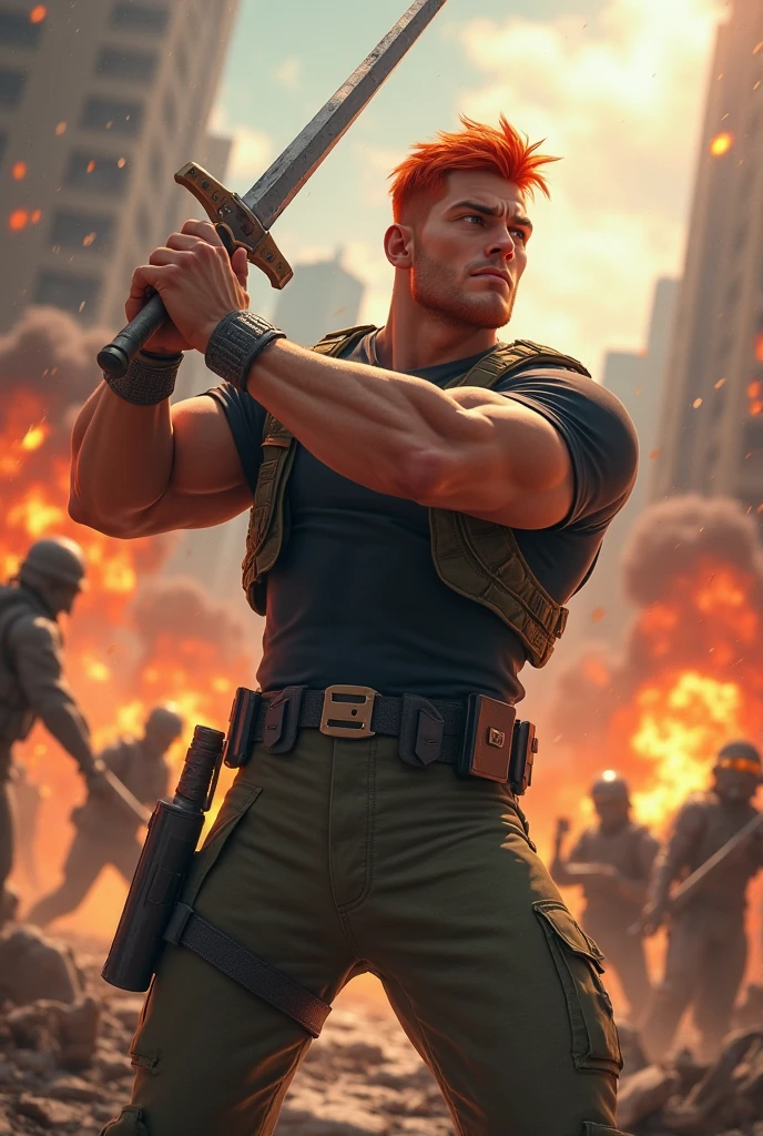 (Create a masterpiece: 1.2),(CGI art:1.3),(realistic:1.5),(After processing:1.3),(Sharp focus:1.3), (Chris Redfield), Shocked, open mouth wide, Arms beside the body, straight, front ,,(black hair), smile open mouth, (Wear color olive green round neck T-shirt: 1.5), (with a Police badge: 1.2), olive green cargo, black glove, (blood splatters) ,( abrasions on face: 1.2), (Blood stains on the face and body: 1.2), Korean guy , korean men, (High gloss details), chest muscles, large arm muscles, blood vessel, Big muscles, Broad shoulders, looking at the audience, Balancing the eyes, middle of the road , (Carrying a black backpack: 1.3) ,walk to camera ,(Fire blazes behind)