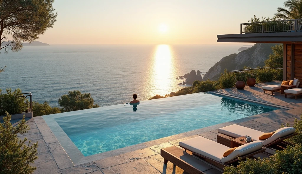 (foto selfie, from aBove:1.1), (half Body postrait:1.1), RAW uhd portrait photo of an egypt  man in a swimming pool in villa looking at sunset over the ocean, (full shot), solo, ((masterpiece)), ((best quality:1.2)), high resolution, 8k, (ultra_realistic:1.5), (photorealistic:1.4), sharp focus, highly detailed, professional lighting, photography, hdr, depth of field, film grain, 35mm, dslr shot, global illumination. in The villa is designed with luxurious surroundings, featuring expansive floor-to-ceiling windows, elegant architecture, and a stunning view of the ocean or lush greenery. gazing out at the serene landscape. The image should capture the essence of a high-end retreat, with vibrant colors, detailed reflections in the water, and warm, natural lighting that enhances the overall tranquility and luxury of the scene.