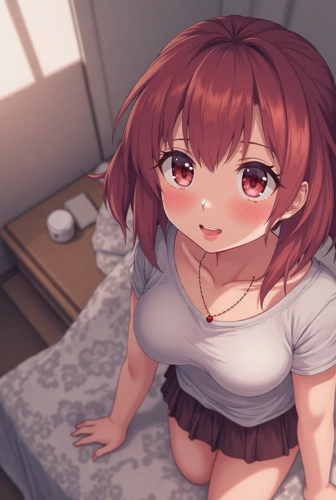 アニメ,One woman, 23 years old,bed_Sheet, blush, , の谷間, clavicle, Cover, Cover_chest, Red eyes,Slender figure, 形の良い大きな, belly button, Light Brown Hair, Medium Hair, Sitting, alone,Crop T-shirt,Simple background