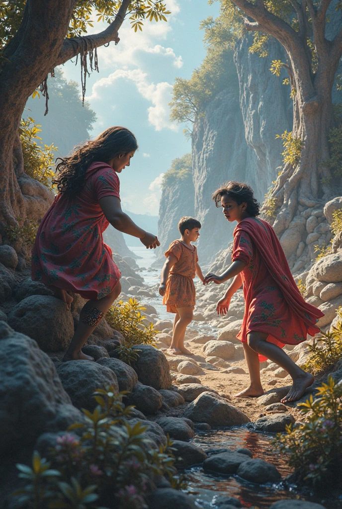 Romulus and Remus being discovered by the she-wolf: Romulus and Remus, twin infants, 753 B.C., wrapped in simple cloth, by the Tiber River, being nursed by a she-wolf, lush riverbank with ancient vegetation, close-up shot, hyper-realistic, photo realism, cinematography --ar9:16