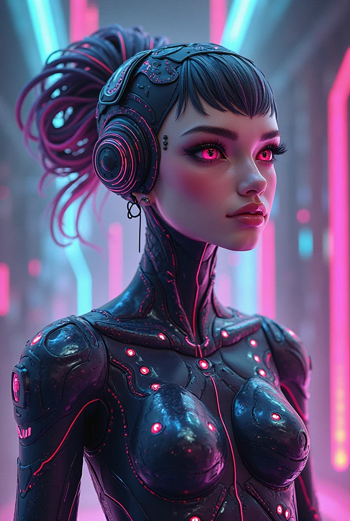 a closeup of a woman in a futuristic suit with neon lights, cyberpunk dreamy girl, beautiful cyborg girl, cyberpunk 2 0 years. o model girl, chica cyborg, cyberpunk beautiful girl, Neon scales and Cyborg Tech, Bright cyberpunk glow, beautiful chica cyborg, Cyborg - Chica, Neon cybernetic implants, Cyberpunk vibes, beautiful cyberpunk woman model