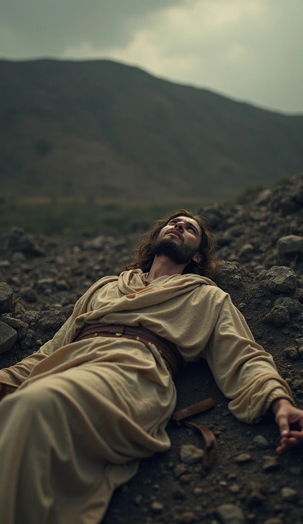 A hurt Jewish man alone almost. Clothes instead of lying on the ground after being robbed,  and hurt, with blood and cuts on the almost dead body in the time of Jesus, 3D drawing