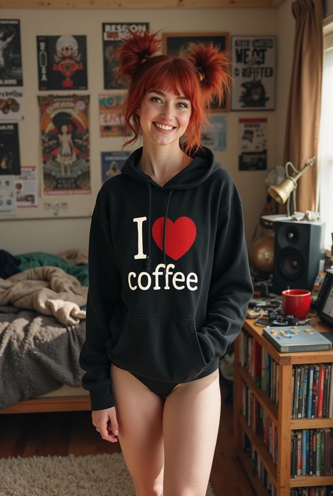 a portrait of beautiful instagram slavic girl european type, red hair, grey eyes, realistic, sit on the couch, comfy home hodie, ponytail, hold cup of coffee