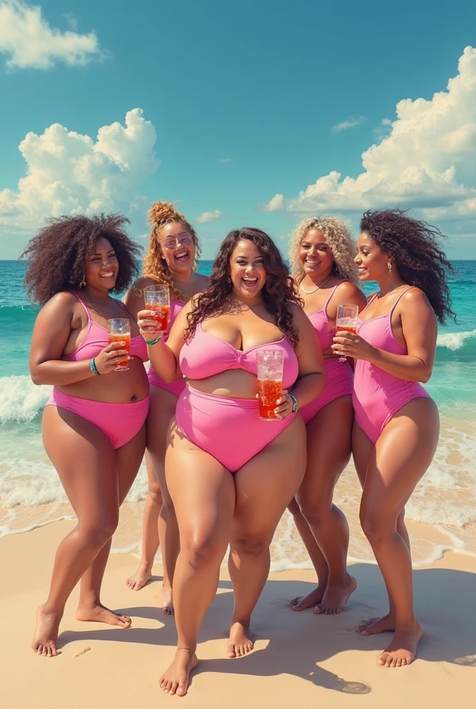 Three black women and three blonde women, beautiful, thick and curvy wearing a red thong bikini, one standing with her back to the camera and the other two squatting, showing their butts