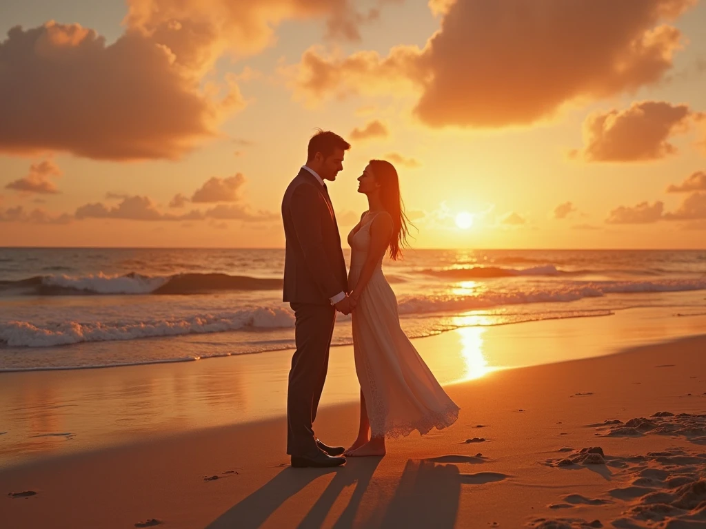 the silhouette of a couple away from the field of vision, in a romantic way, in a sunset on the beach