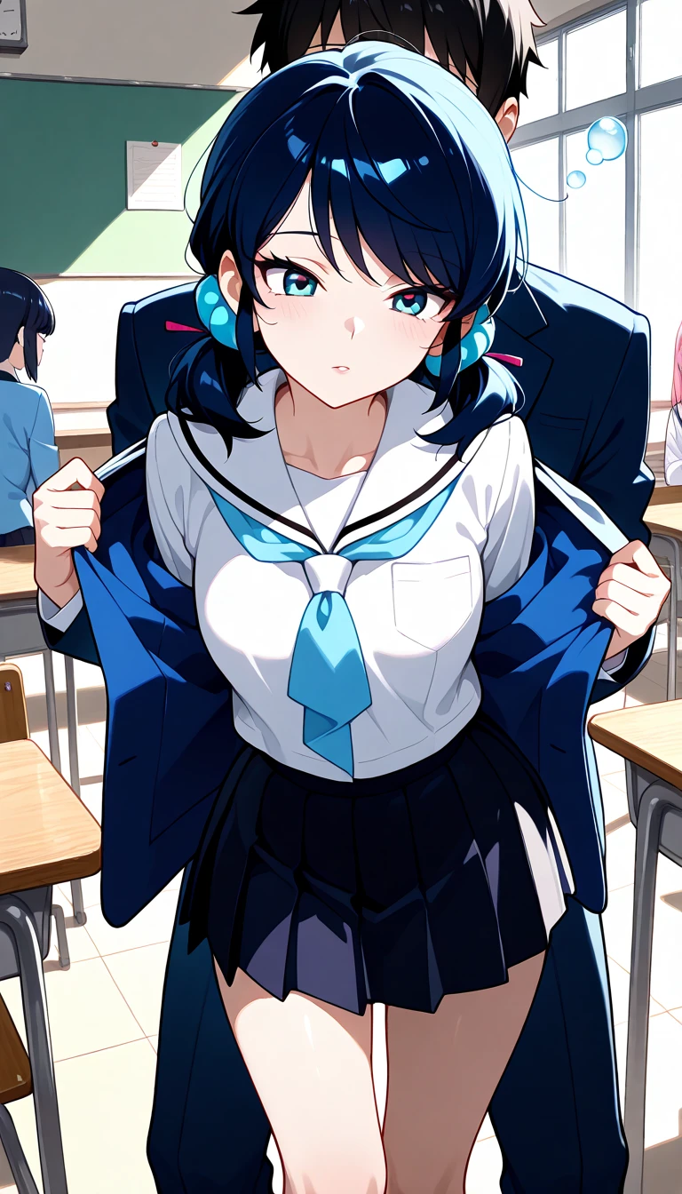 high school girl、Dressed in high 、School classroom、(Big Breasts)、((solo))、smirk