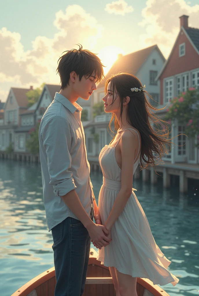 A couple sits on top of a pier watching the sunset.