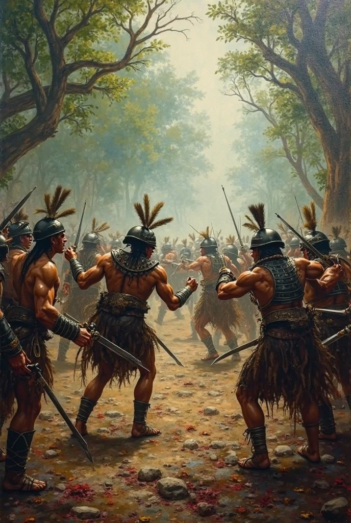 ancient people attacking each other with spears and stones