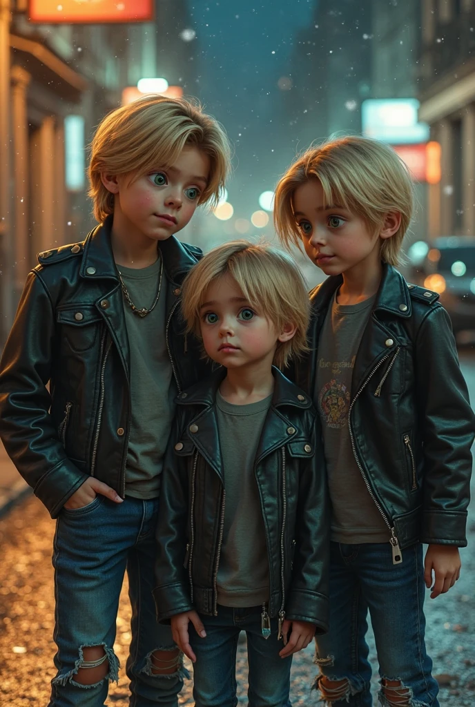blonde children boys WITH STRAIGHT HAIR, PETROLEUM BLUE BACKGROUND, ANGEL ROASTS, torches of fire in the hands, black leather jacket and black clothing. .photo of music fire, elemental, portrait