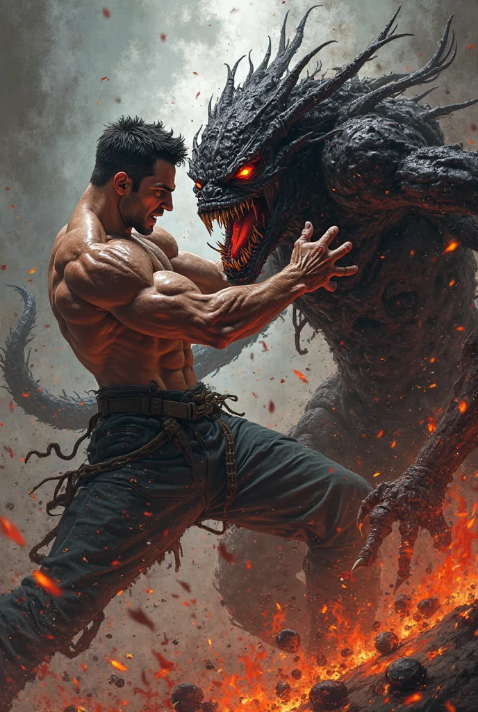 A 20 years old boy with cosmic power's and red fire and shirt less fighting with big i-tech modified creature in modern city