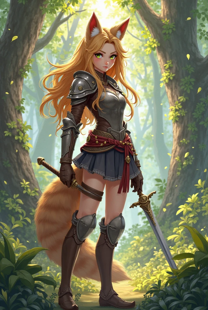 , female, mammal, fantasy, feral, hi res, anthro, hair, melee weapon, forest,fur, fluffy, wolf, detailed fur, breasts, sword, clothing, weapon, solo focus, fingers, clothed, multicolored fur, multicolored body, 4k, whisker, sfw, potrait, topwear, bottomwear