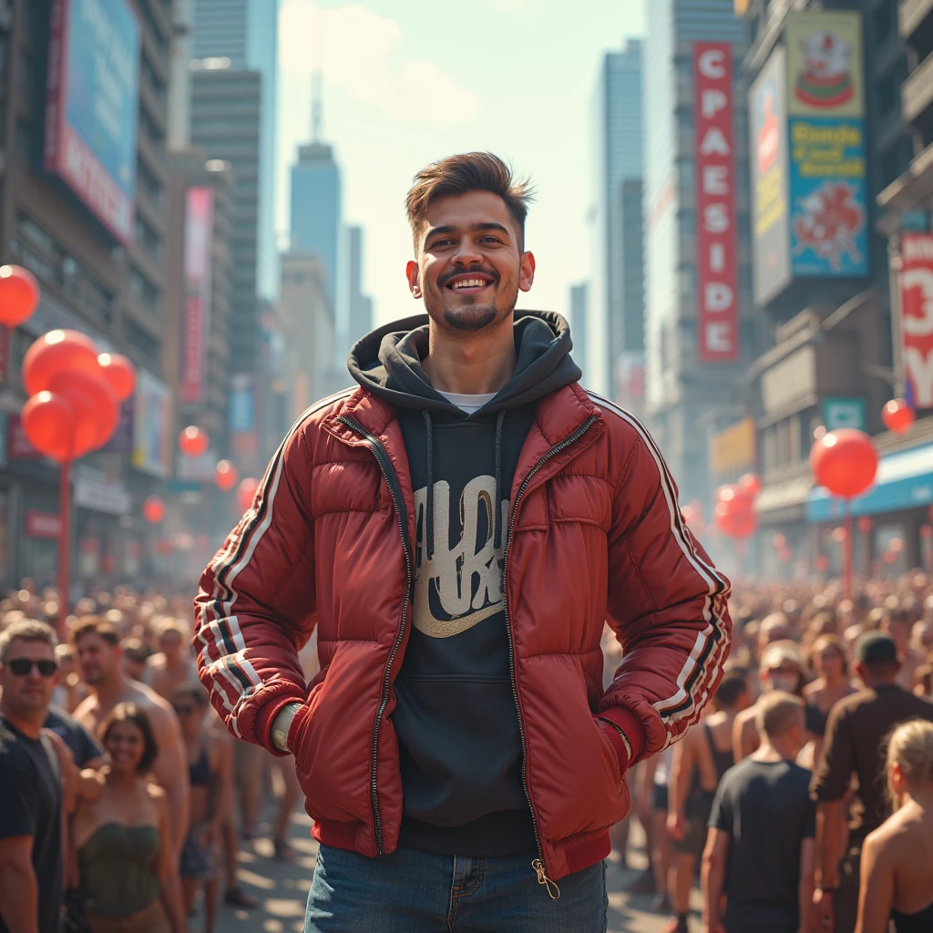 Pipe bueno goes shirtless in front of crowded people on a City Street.his nipple touched by the Guy. He gigles. He laugh. The wind blow the coat. He just wear the red suit with no Shirt inside. 
