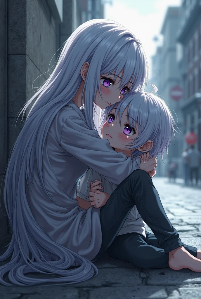 realistic, 1girl, 1 little boy, white hair, purple eyes, glowing eyes, crop top, short skirt, parted lips, blush, night, flowers, sun, sunlight, with a little boy laying on her lap