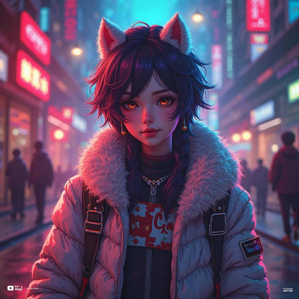 Portrait, cute cat puppy wearing sheep clothes, low light, grumpy, in a city at night neon 8k