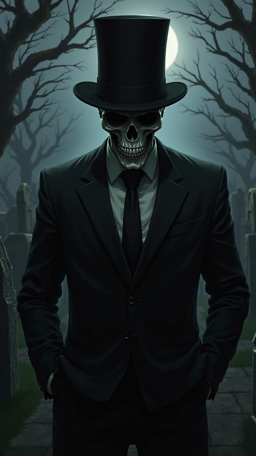 skeletal skull wearing a suit and hat looking at the viewer