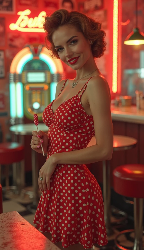 A vintage pin-up style Barbie, with red lips and a polka dot dress, sitting at a retro bar with a classic cocktail in hand.