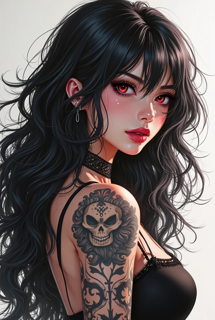 Portrait style image featuring a young woman with wavy, dark brown hair cascading over her shoulders. She has light skin and striking facial features, including arched eyebrows, prominent cheekbones, and full lips. She is wearing a black spaghetti strap top, revealing a detailed tattoo on her upper arm and shoulder. The tattoo includes a skull, flowers, and intricate patterns. She has a nose ring and is wearing stud earrings. The background is a muted, blurred green, keeping the focus on the subject.