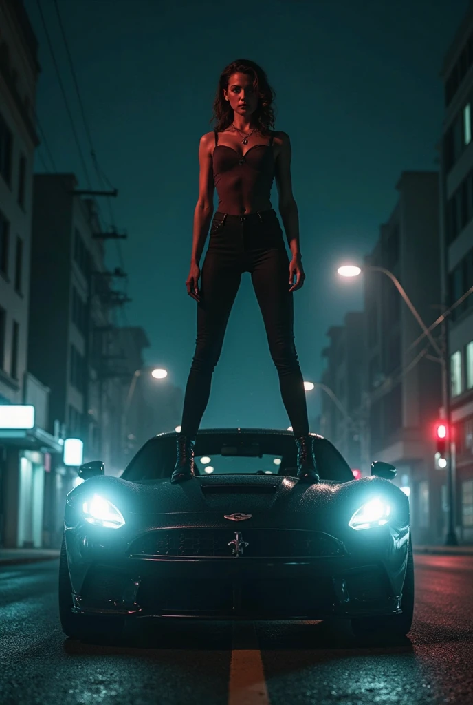 black and white beautiful vampire tougher than steel girl dark short haircut in panties and stockings and bra lifts a car with one hand in the air above her head 