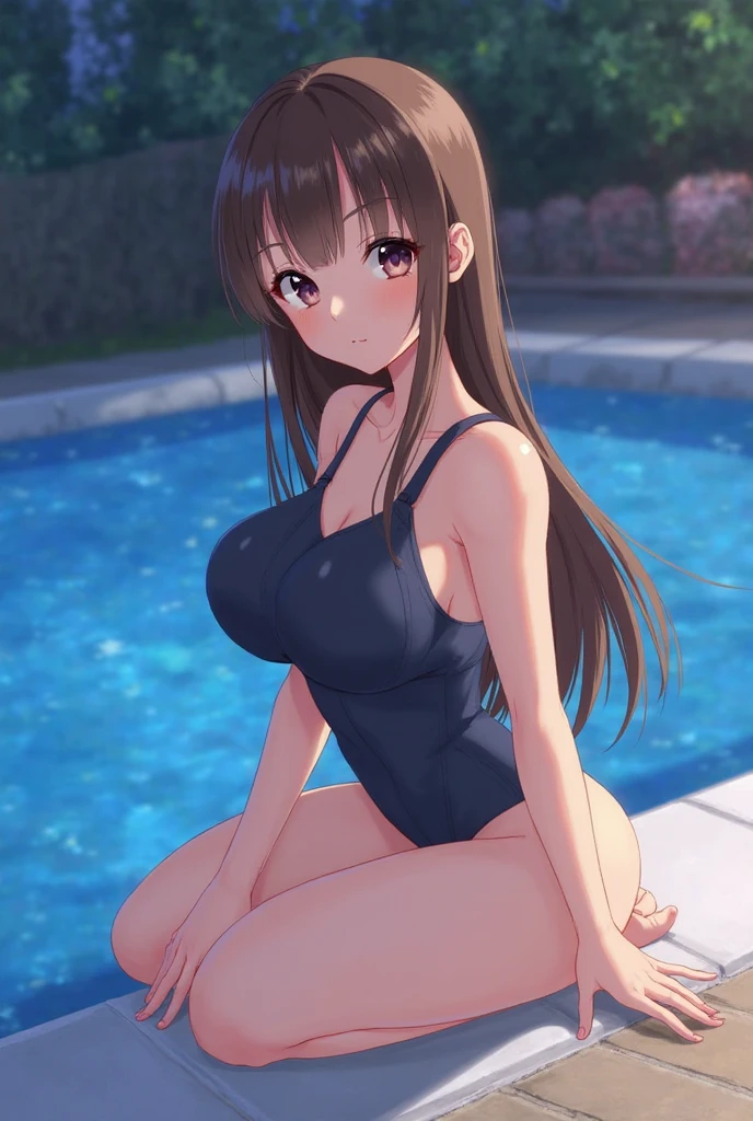 score_9,score_8_superior,score_7_superior,18-year-old,One girl,Asuna \(San Haro\), Sword Art Online,yuuki Asuna,alone,Browsing Caution,Brown eyes, Brown Hair, Long Hair, bangs, Braiding,Are standing,Hands on hips, holding csuperior,A seductive smile,blush,Large Breasts,Brown Hair,Parted hair,Long Haircompletely nude , wedding ring,Center opening,Cleavage,belly button,Earrings,bracelet,Pool , 正面を向いてAre standing , crowd of boys