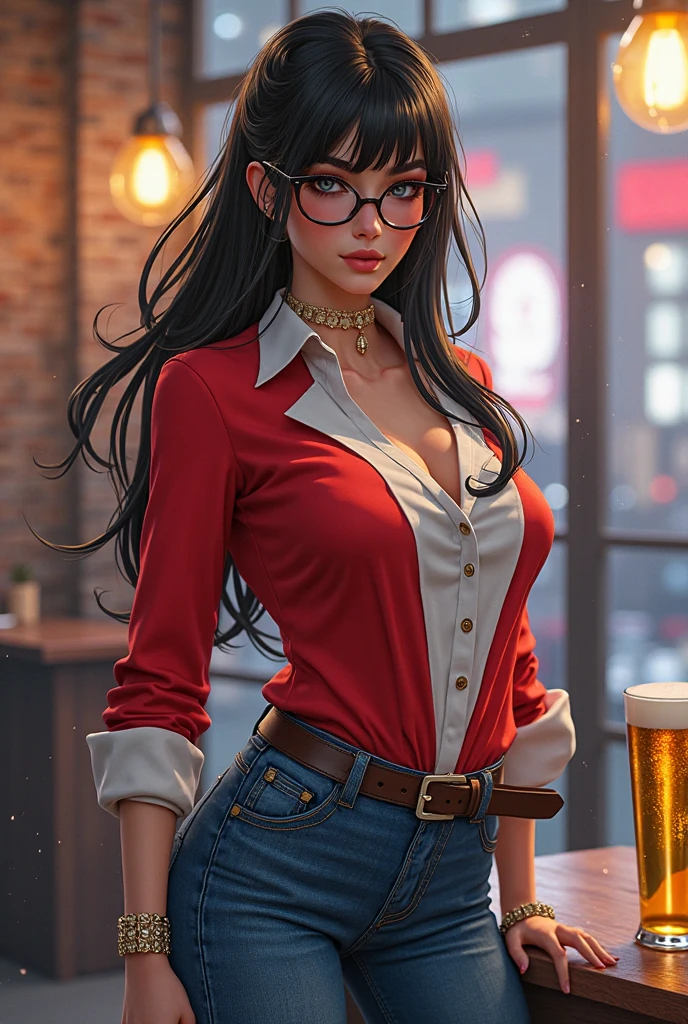 absurdres, RAW photo, highest quality, (masterpiece: 1.3), high detail RAW color photo, professional photo, extremely detailed CG 8k wallpaper unit, photo-realistic, realistic, RAW photo, masterpiece, best quality, highres, illustration,
1girl, 22 YEARS OLD, short, white, brown hair, Average length, thin legs, perfect gorgeous face, bright red lipstick, beautiful bright realistic eyes, round metal glasses, pale skin, detailed skin texture, natural large breasts. Smile. She looks amazing. Sitting at a bar. Gothic style.
(Leather jacket, low-cut blouse. simple design), Barzinho. Night.