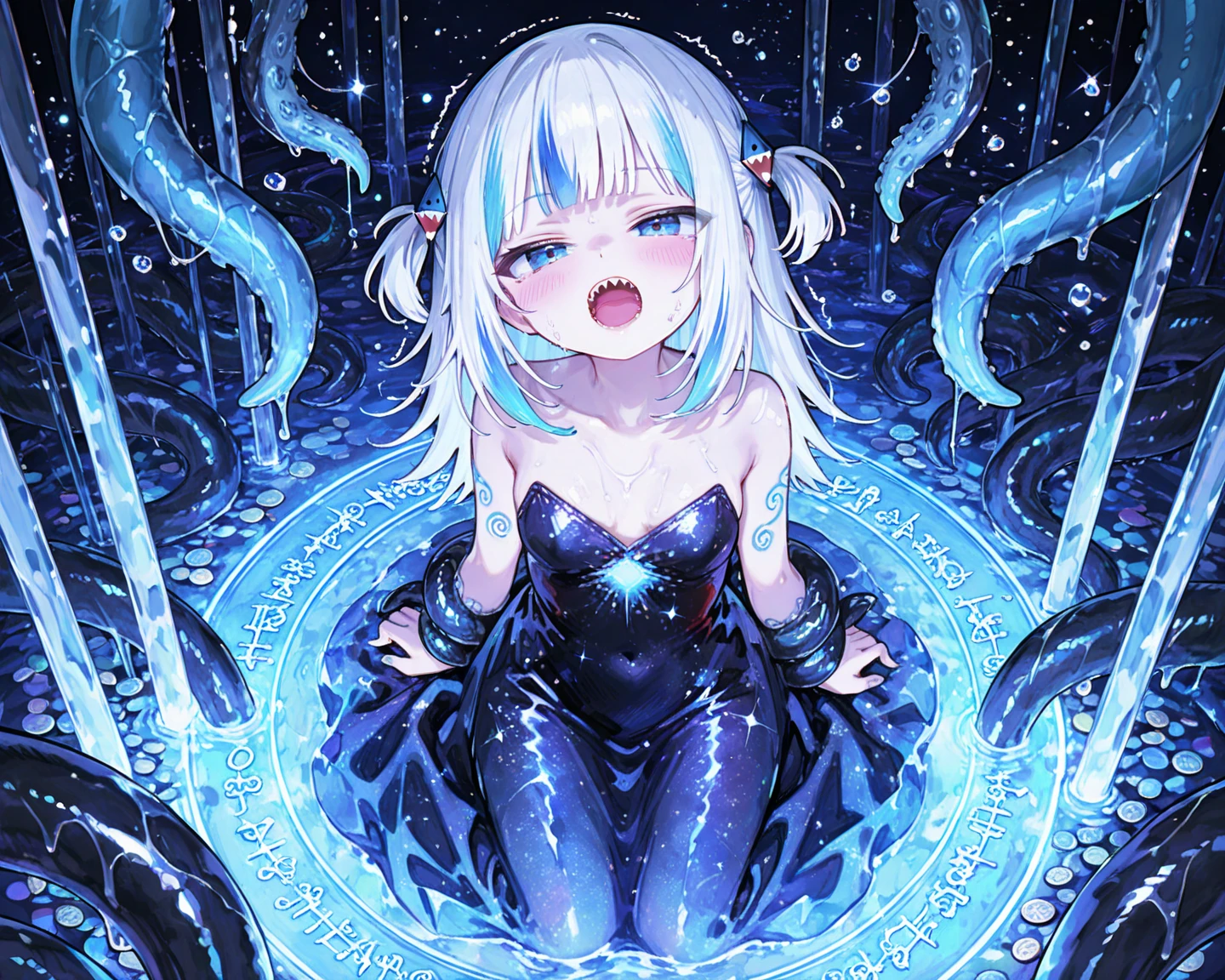 (Translucent liquid skin:1.6), No humans, punk outfit, purple hair, partial fused exoskeleton, Beautiful eyes with fine symmetry, (Intricate details:1.4), (Highly detailed face and eyes:1.2), slim figure, posing for a photo, , destroyed city, urban combat, anime, fantasy, detailed background, 2D, (Highly detailed), (high resolution), (Best quality), (masterpiece)